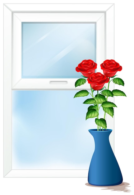 Сцена из окна с розами в вазе