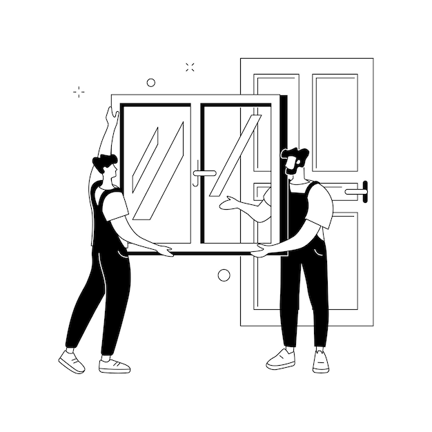 Услуги окон и дверей абстрактная концептуальная векторная иллюстрация замена и установка окон и дверей, техническое обслуживание и ремонт подрядчика, битое стекло, москитная сетка, патио, абстрактная метафора