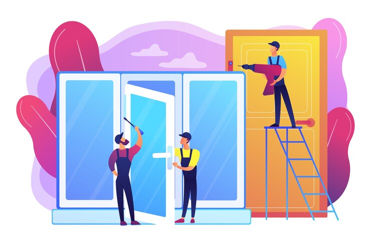 Free Vector windows installment and repair. windows and doors services, replacement and installation, window and door replacement contractor concept.