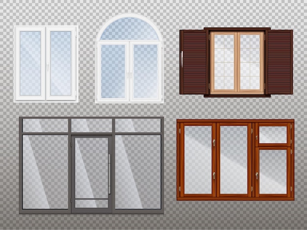 Free vector windows realistic transparent icon set with different styles and colors wooden and plastic vector illustration