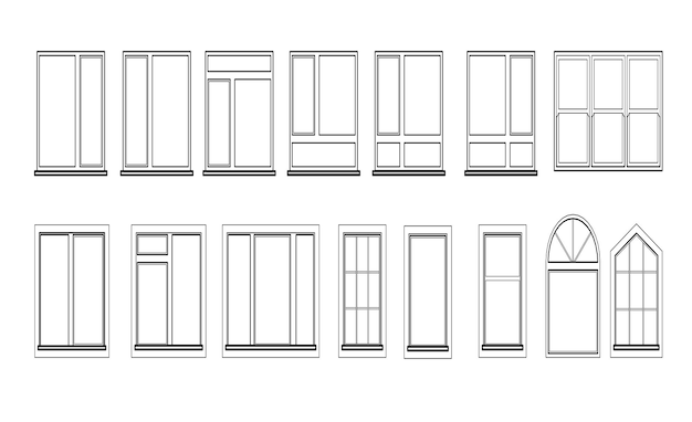 無料ベクター windowsセットは白い背景で隔離。建築とインテリアデザインの閉じたベクトルウィンドウ要素。白い背景で隔離の黒い色のイラスト。