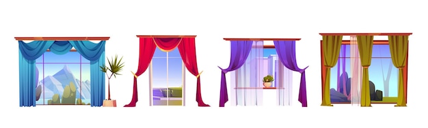 Free vector windows with curtains and outside view decoration