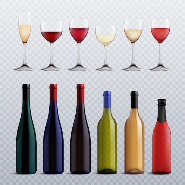 Бесплатное векторное изображение Винные бутылки и бокалы, наполненные различными сортами вина на прозрачном реалистичном наборе