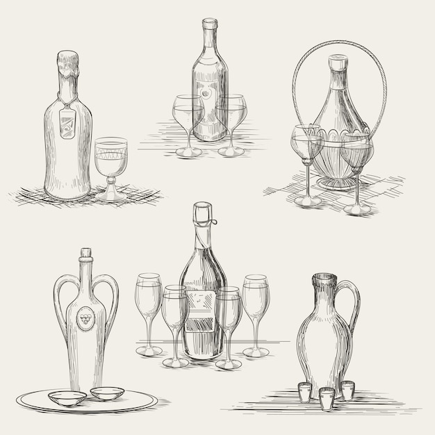 Винные бутылки и бокалы вина рисованной