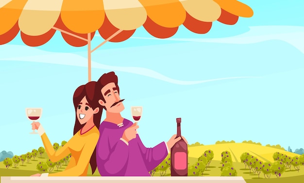 Free vector wine cartoon composition with young couple drinking outdoors vector illustration