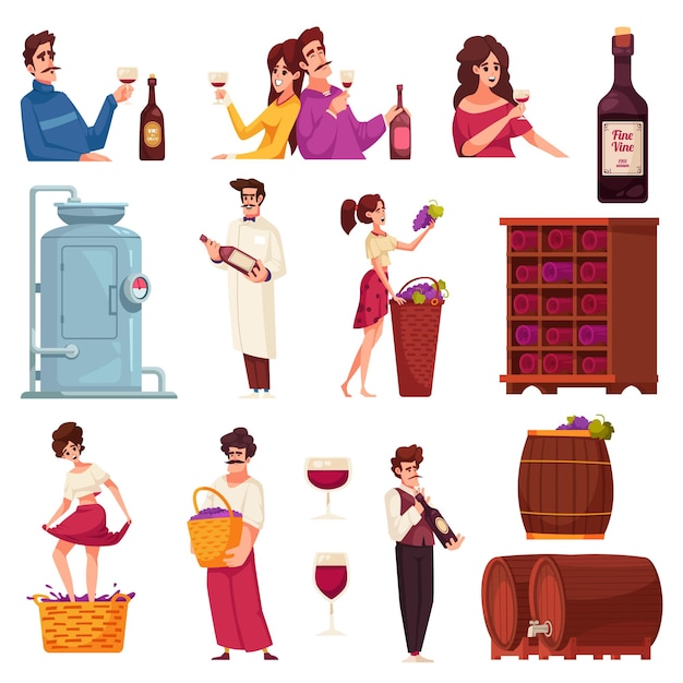 Free vector wine cartoon icons set with production and drinking scenes isolated vector illustration