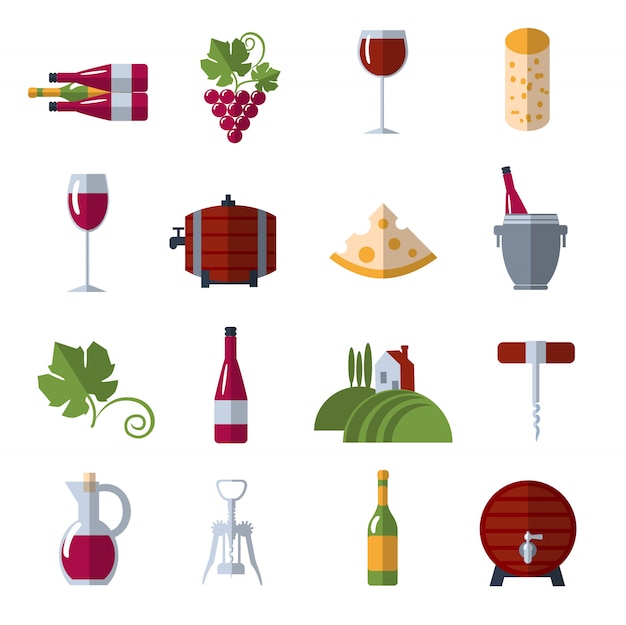 Бесплатное векторное изображение Набор винных плоских иконок
