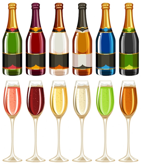 Wine glasses and bottle in many colors illustration