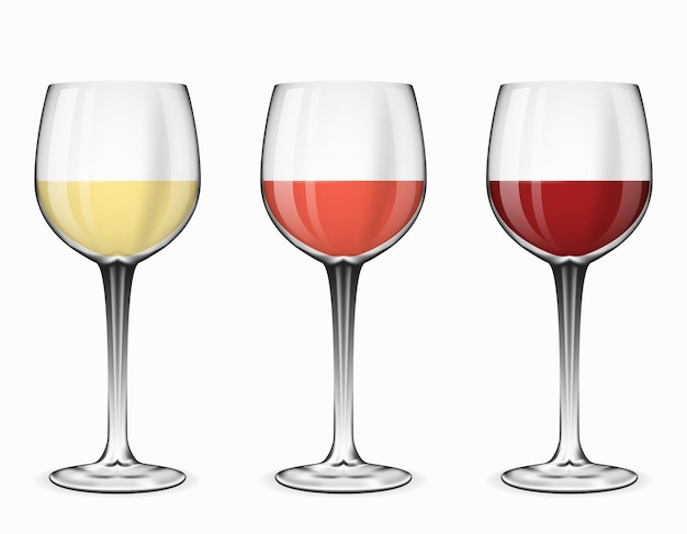 ワイングラス。白のイラストに赤ワイン、ロゼワイン、白ワインのグラス