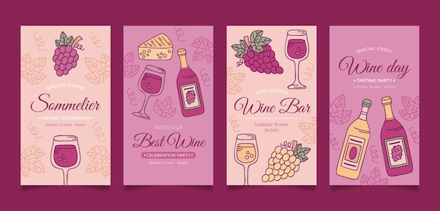 Free vector wine party instagram stories set