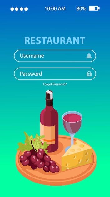 ユーザー名とパスワードの等角図とワイン生産アプリケーションの背景