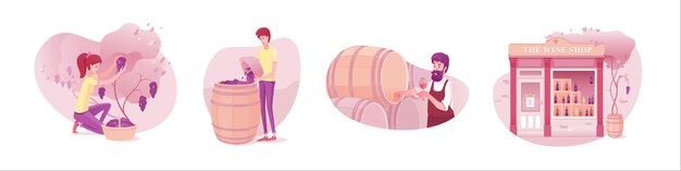 와인 생산 삽화 세트 와이너리 산업 격리 클립 아트 팩 채집 포도 발효 알코올 시음 와인 만들기 과정 단계