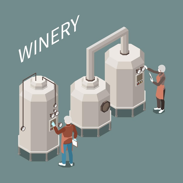 Processo di produzione del vino all'illustrazione isometrica di fabbrica