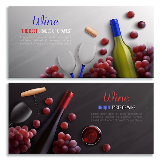 Free vector wine realistic horizontal banners with advertising of drinks made from best grades of grapes