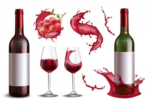Коллекция вин всплеск с изолированными реалистичными изображениями красных бутылок вина гроздь винограда и очки иллюстрации