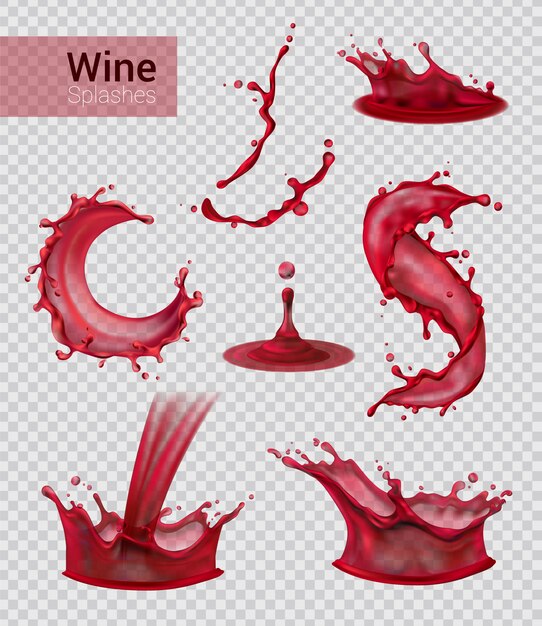 透明な図の滴と液体赤ワインの分離スプレーのワインスプラッシュ現実的なセット