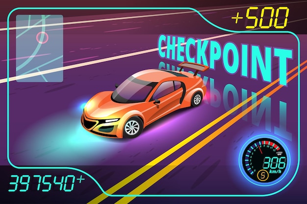 Winner in speed car racing goal in checkered board and first sport checkered flag on level stage of game and showing your best time in lap