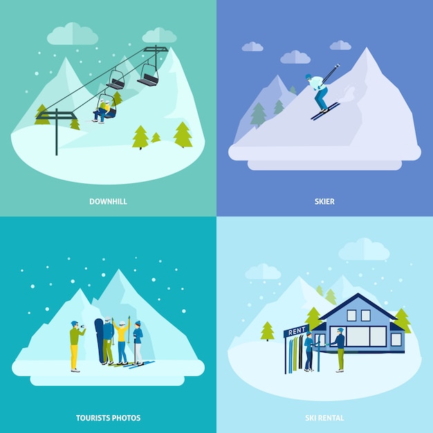 Winter active rest in mountains design concept set