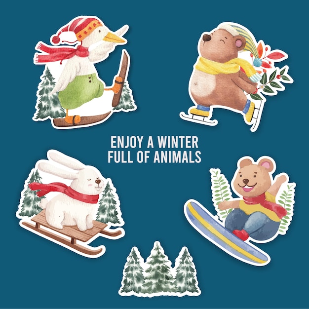 Winter animal sticker set