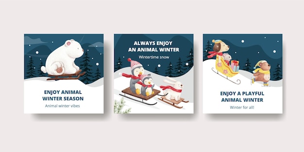 Free vector winter animals cards set