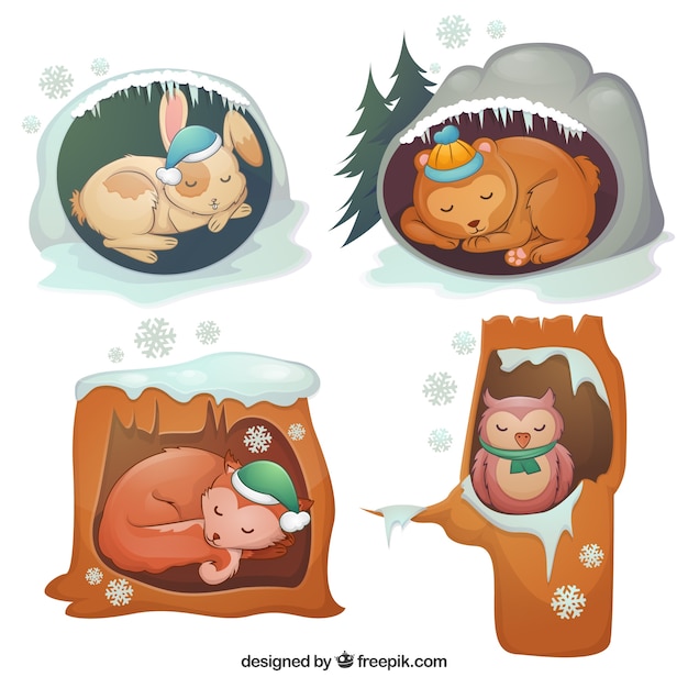 無料ベクター 冬の動物が冬眠します
