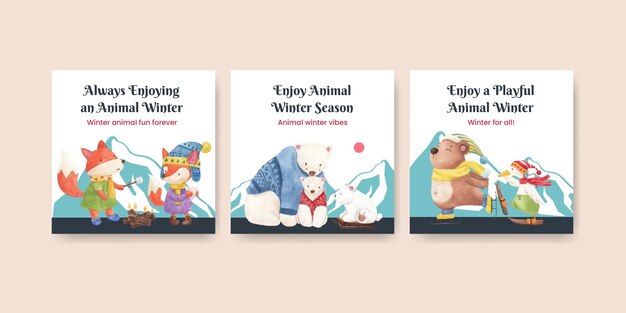 Free vector winter animals postcard template