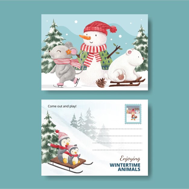 winter animals postcard template