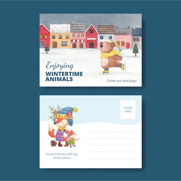 Winter animals postcard template