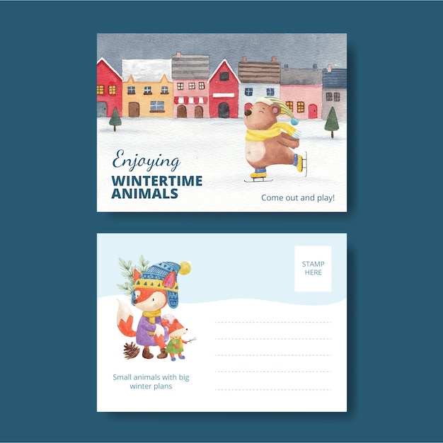 Free vector winter animals postcard template