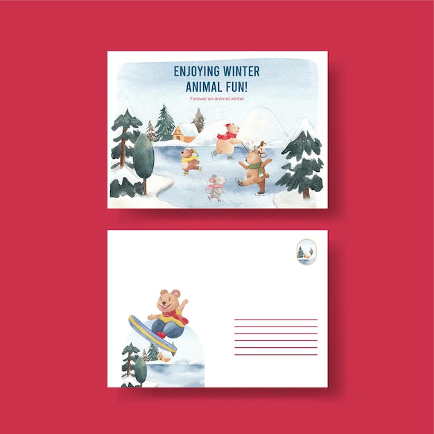 Free vector winter animals postcard template