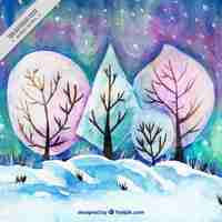 Free vector winter background of watercolor landscape with trees