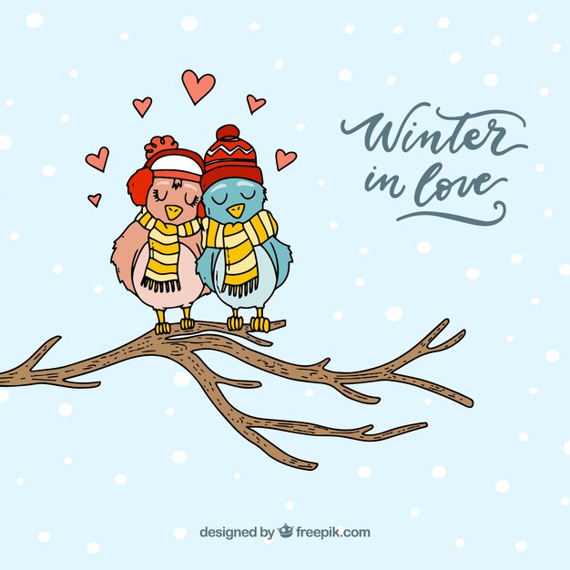 Winter background with birds in love