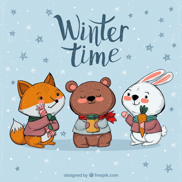 Winter background with cute animals