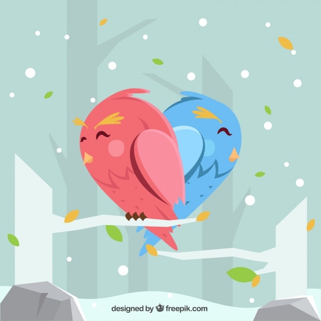 Free vector winter background with cute birds forming a heart