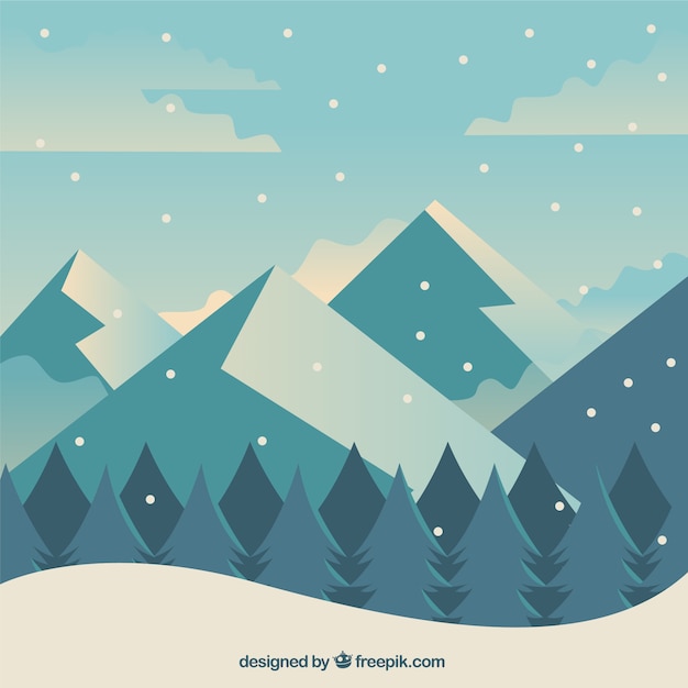 Зимний фон с лес и горы в плоской конструкции