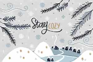 Free vector winter background with hand drawn landscape