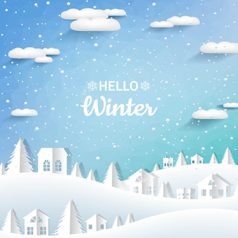 Winter background with snowflakes and houses with gradient mesh, vector illustration