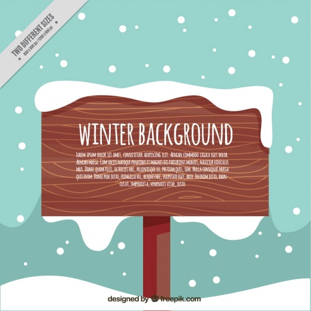 Winter background with wooden sign