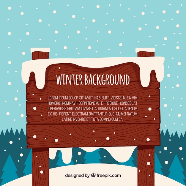 Winter background with a wooden sign