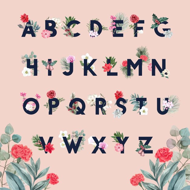 Winter bloom alphabet with flower, foliages 