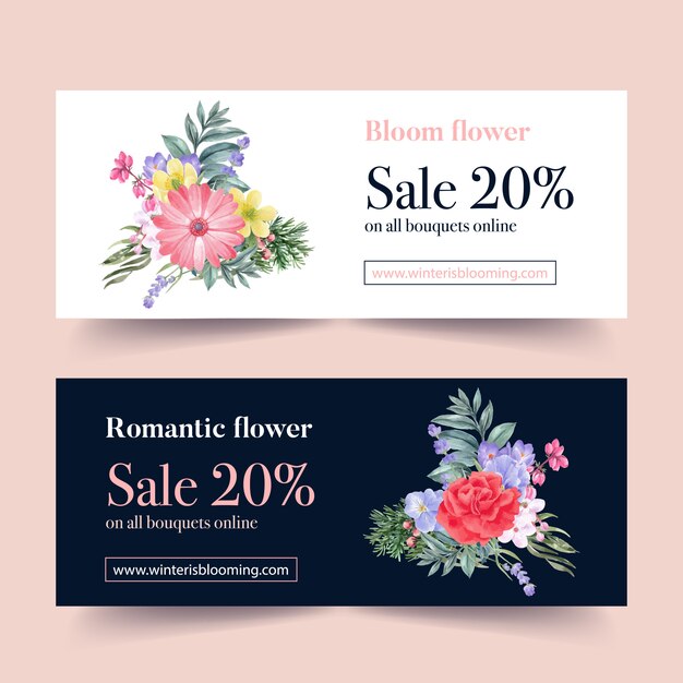 Winter bloom banner with peony, gerbera, lavender