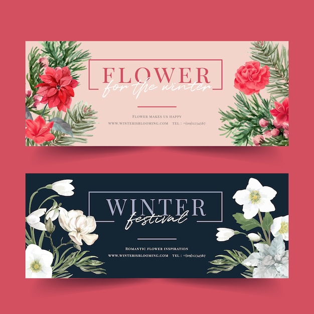 Winter bloom banner with poinsettia, galanthus