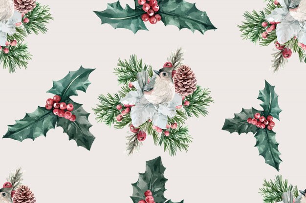 Winter bloom pattern with bird, holly berry, taxus baccata 