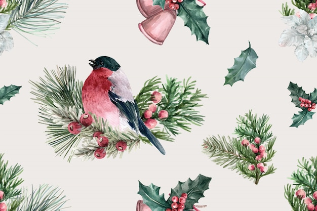 Free vector winter bloom pattern with bird, taxus baccata