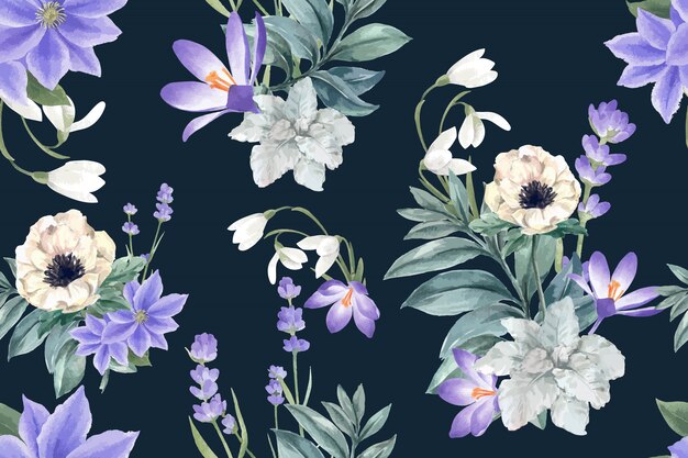 Winter bloom pattern with crocus, lavender, anemone 