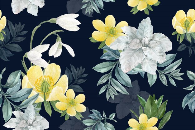 Winter bloom pattern with galanthus, anemone 