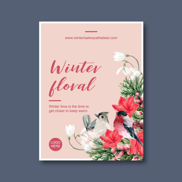 Free vector winter bloom poster with bird, floral, foliages