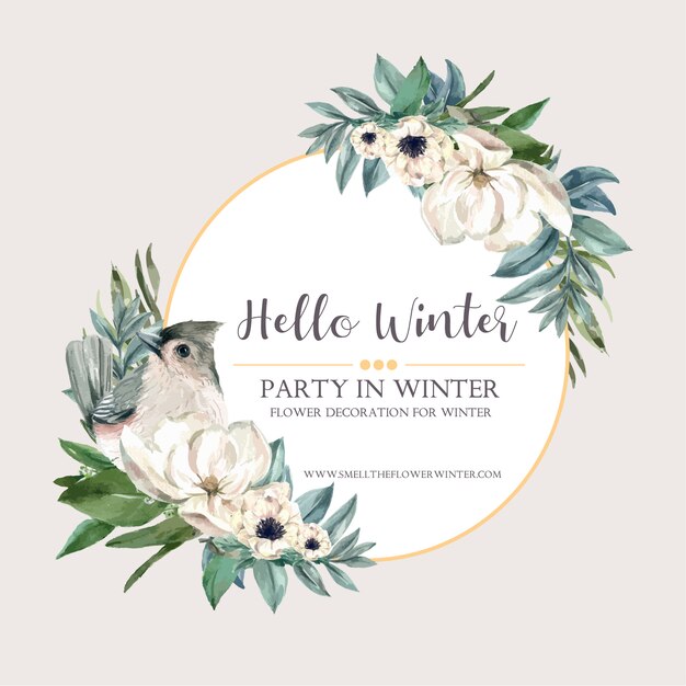 Winter bloom wreath with bird, floral, foliages