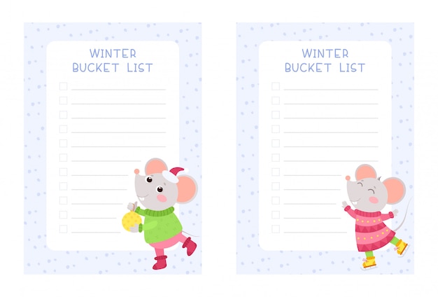 Зимнее ведро списки набор плоских векторных шаблонов. еженедельный и ежедневный детский проектировщик страниц проектирует пакет.