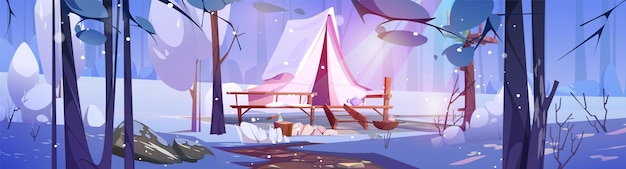 Бесплатное векторное изображение Зимний кемпинг в палатке на деревянном террасе в лесу карикатурный векторный пейзаж леса с хижиной или хижиной, покрытой снегом холодный сезон отдых и отдых на открытом воздухе в кемпинге среди деревьев